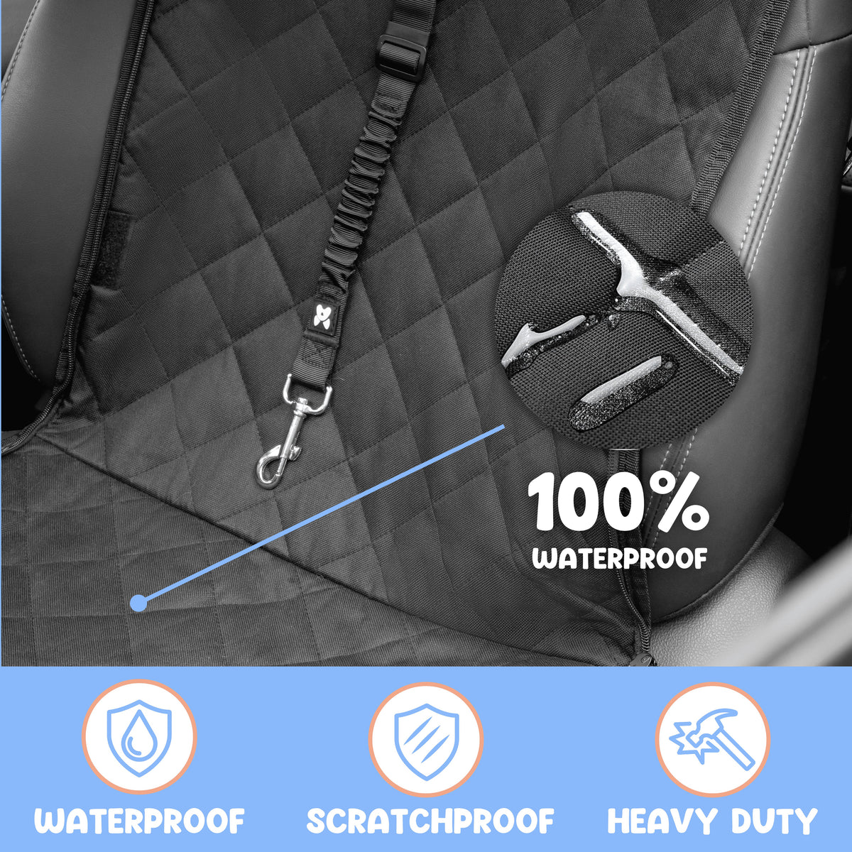 100% waterproof, scratchproof, heavy-duty dog car seat cover material close-up with included leash clip #drive-configuration_right-hand-drive