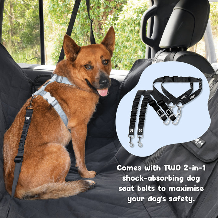 Dog car seat cover includes two 2-in-1 shock-absorbing seatbelts for pet safety, shown attached to harness #drive-configuration_right-hand-drive