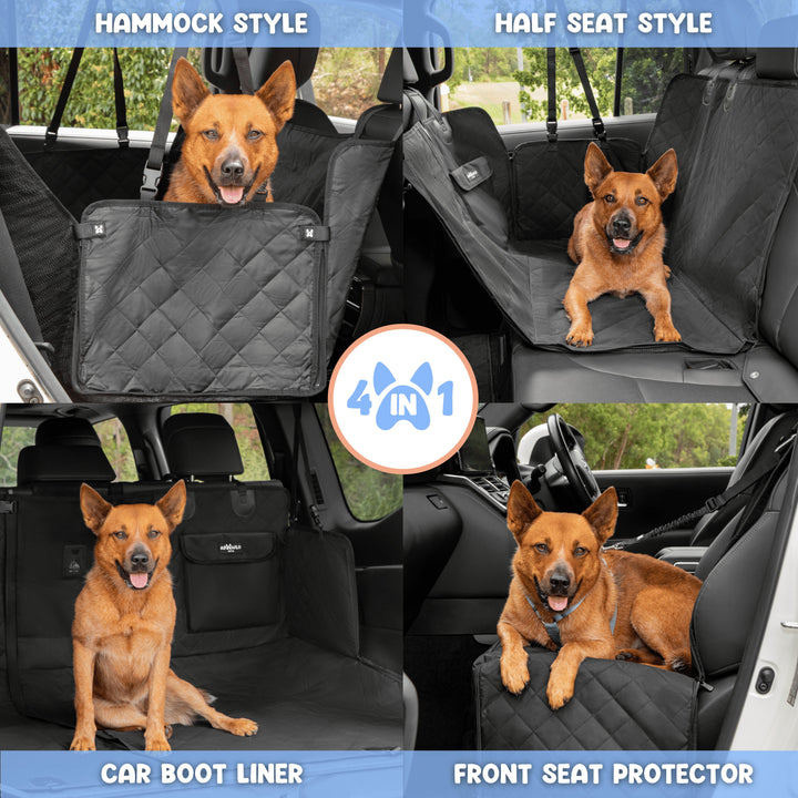 4-in-1 dog car seat cover shown in all four configurations: hammock style, half seat style, car boot liner, and front seat protector #drive-configuration_right-hand-drive