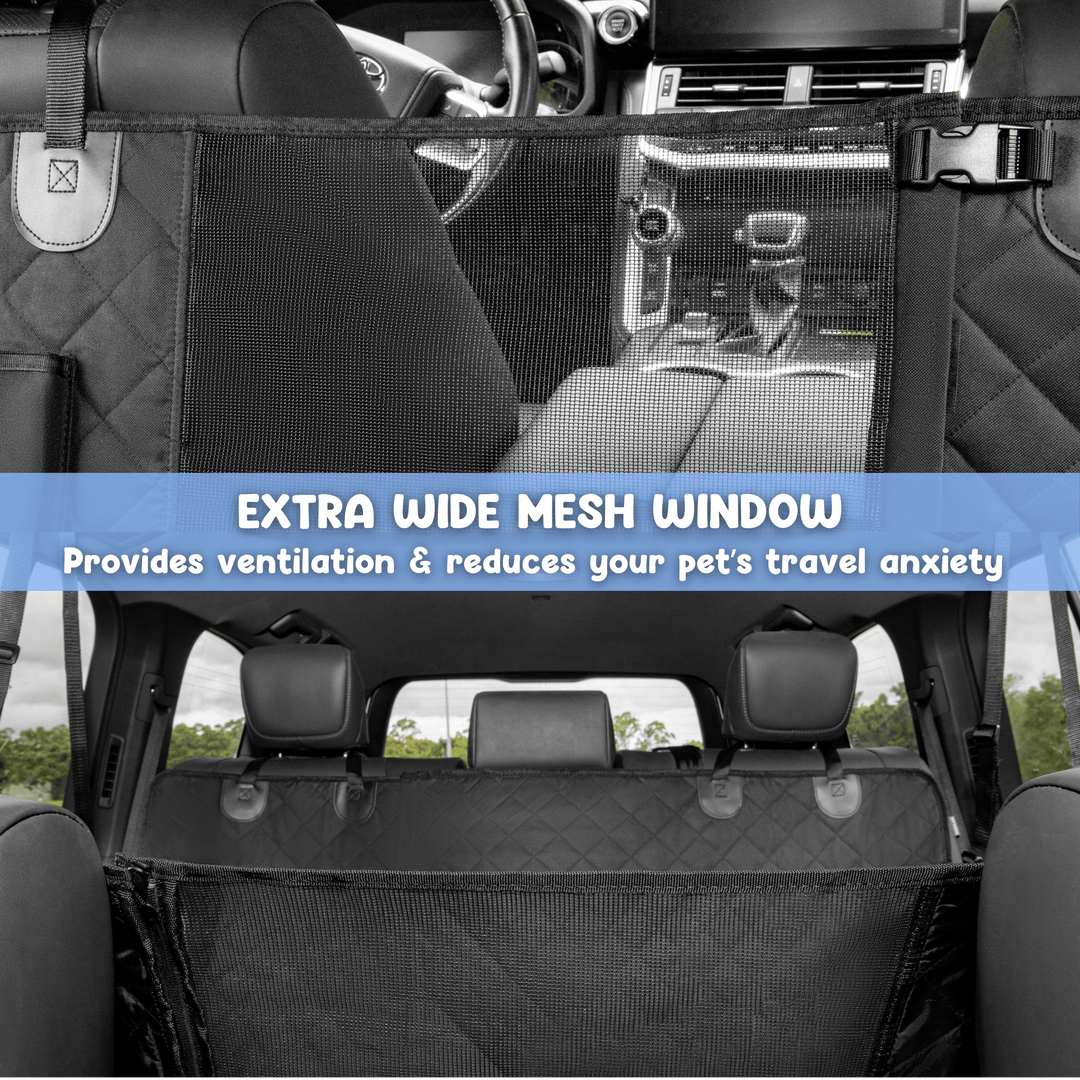 Dog car seat cover extra-wide mesh window viewed from front seat, ventilation reduces pet travel anxiety #drive-configuration_left-hand-drive