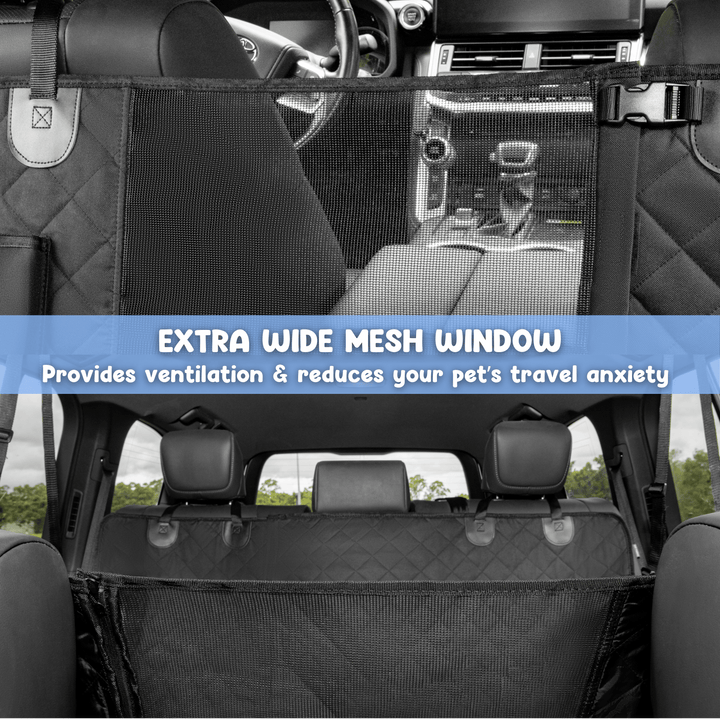Dog car seat cover extra-wide mesh window viewed from front seat, ventilation reduces pet travel anxiety #drive-configuration_left-hand-drive