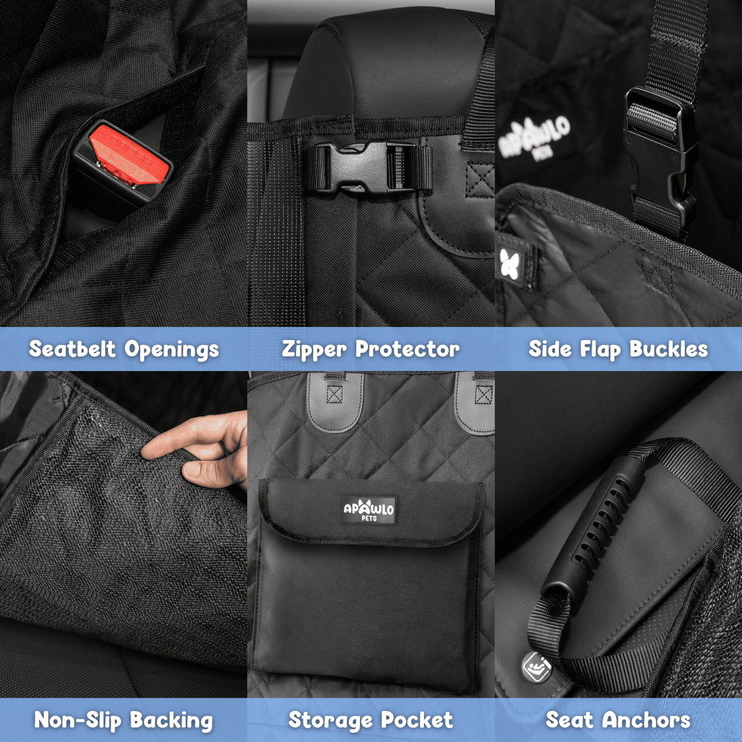 Close-up dog car seat cover features: seatbelt openings, zipper protector, side flap buckles, non-slip backing, storage pocket, seat anchors #drive-configuration_left-hand-drive