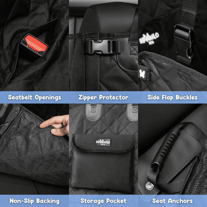 Close-up dog car seat cover features: seatbelt openings, zipper protector, side flap buckles, non-slip backing, storage pocket, seat anchors #drive-configuration_left-hand-drive