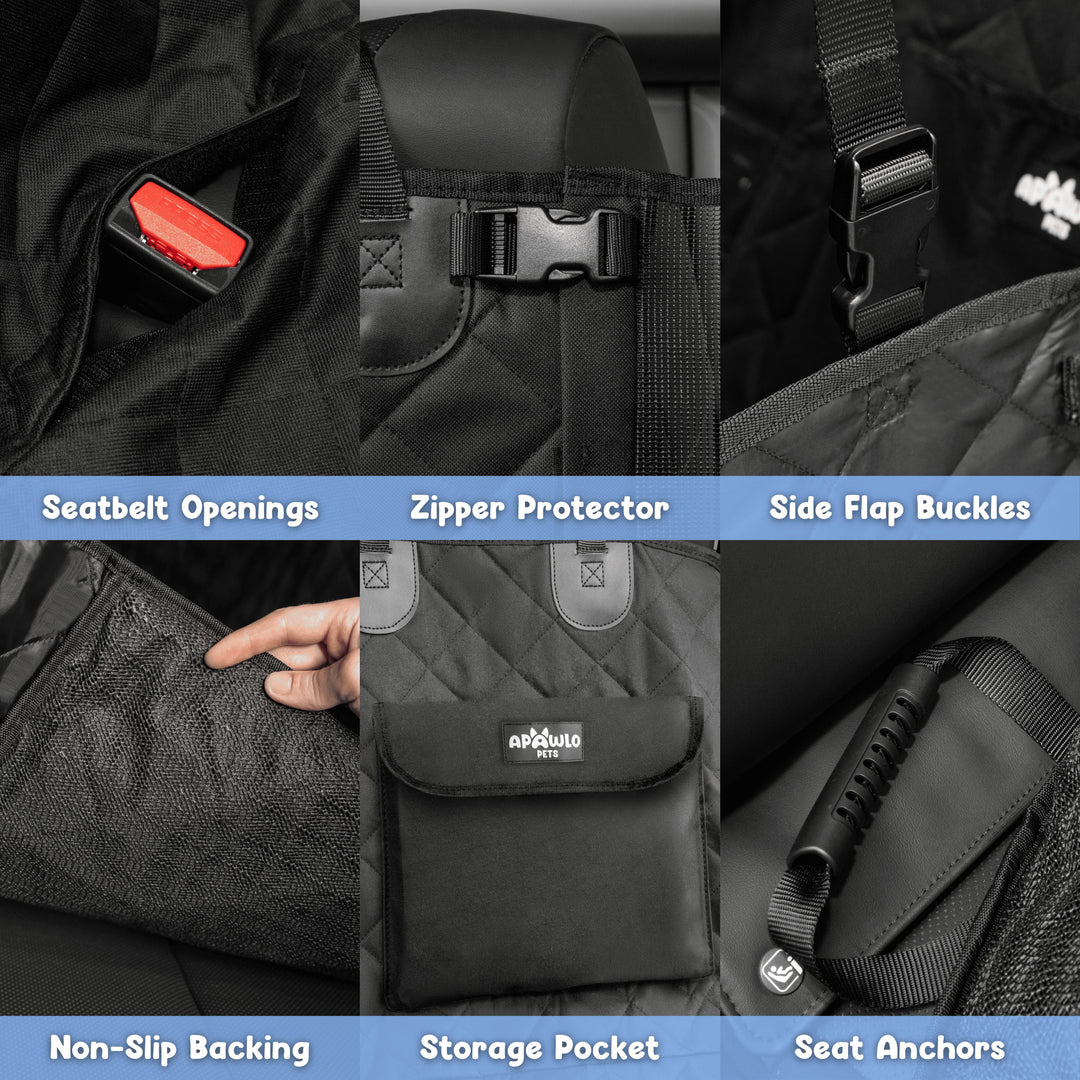 Dog car seat cover features: seatbelt openings, zipper protector, side flap buckles, non-slip backing, storage pocket, and seat anchors #drive-configuration_right-hand-drive