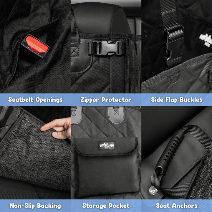 Dog car seat cover features: seatbelt openings, zipper protector, side flap buckles, non-slip backing, storage pocket, and seat anchors #drive-configuration_right-hand-drive