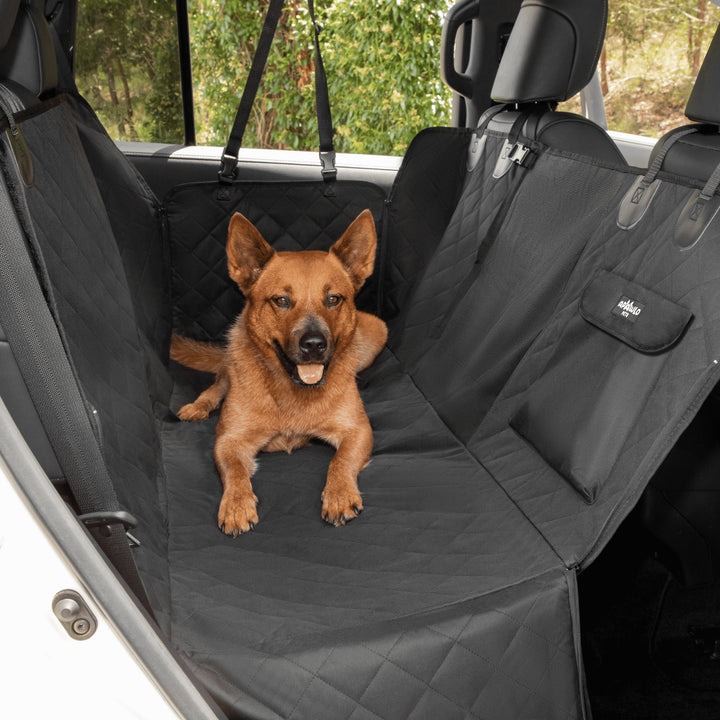 Waterproof dog car seat cover installed hammock-style in car backseat with large dog #drive-configuration_right-hand-drive