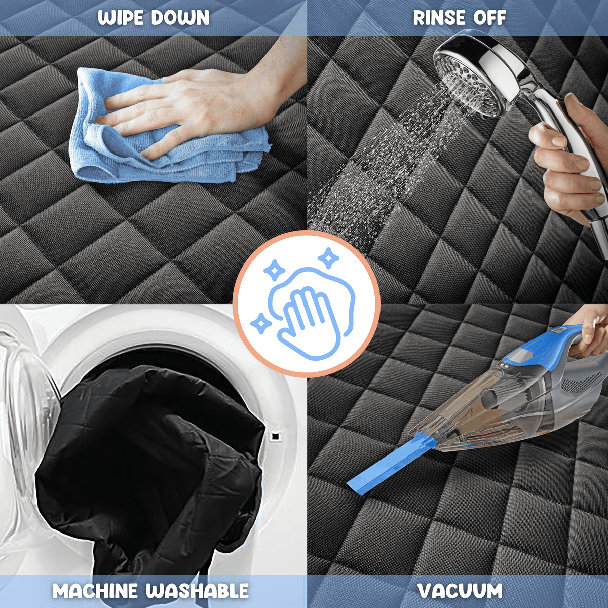 Dog car seat cover cleaning steps: wipe down, rinse off, machine washable, vacuum for easy maintenance #drive-configuration_left-hand-drive
