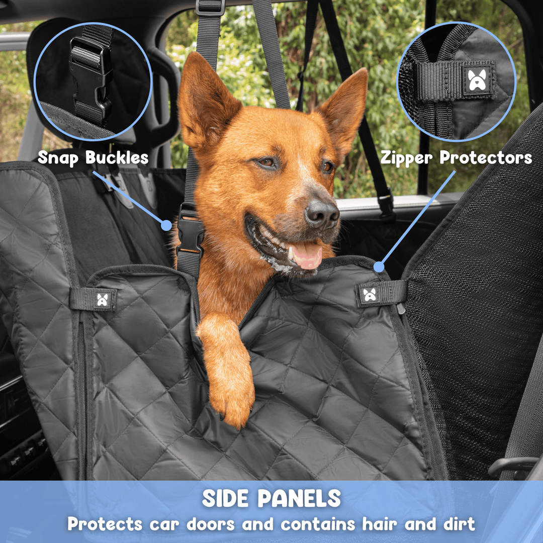 Dog car seat cover side panel with snap buckles and zipper protectors, protects car doors from hair and dirt #drive-configuration_left-hand-drive