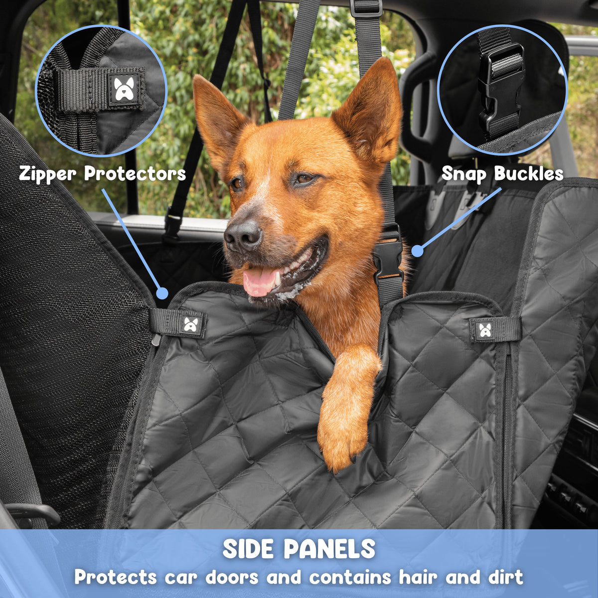 Dog car seat cover side panels with zipper protectors and snap buckles, protects car doors and contains hair and dirt #drive-configuration_right-hand-drive